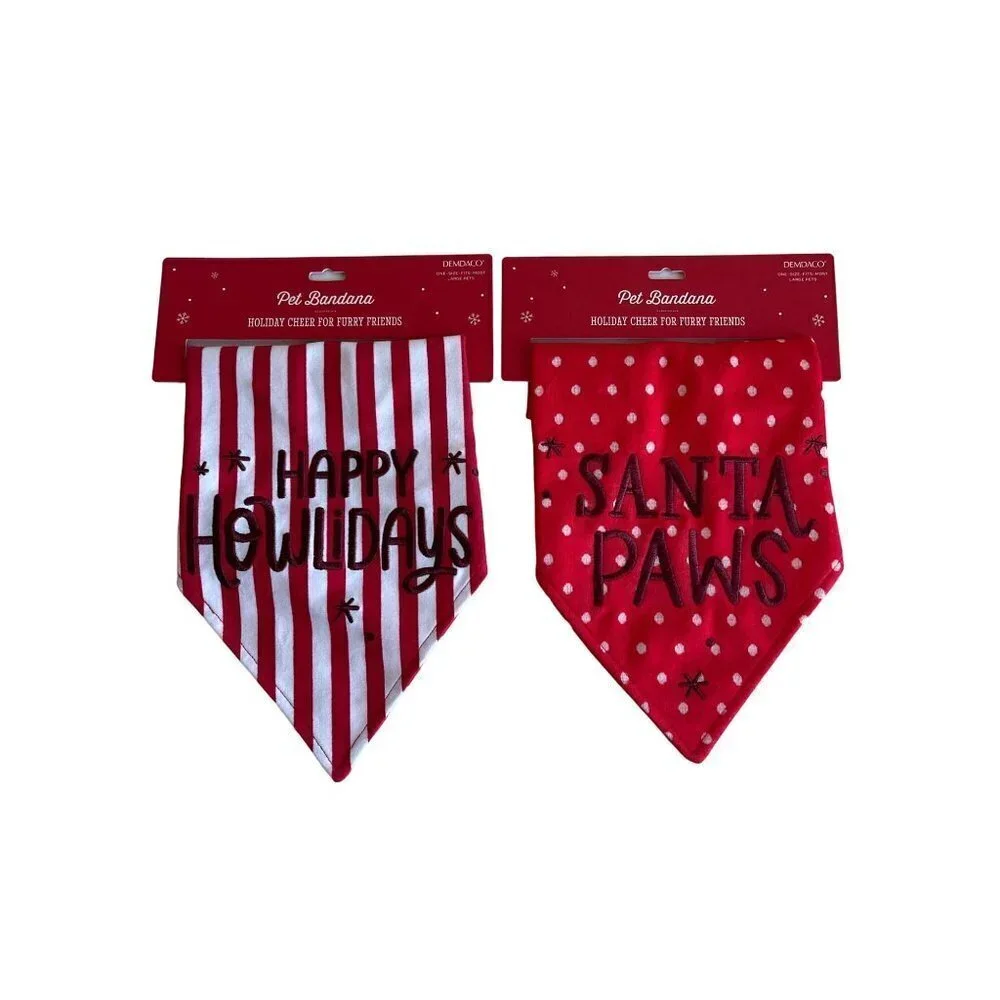Demdaco Happy Howlidays and Santa Paws Pet Bandana Set Christmas Red White